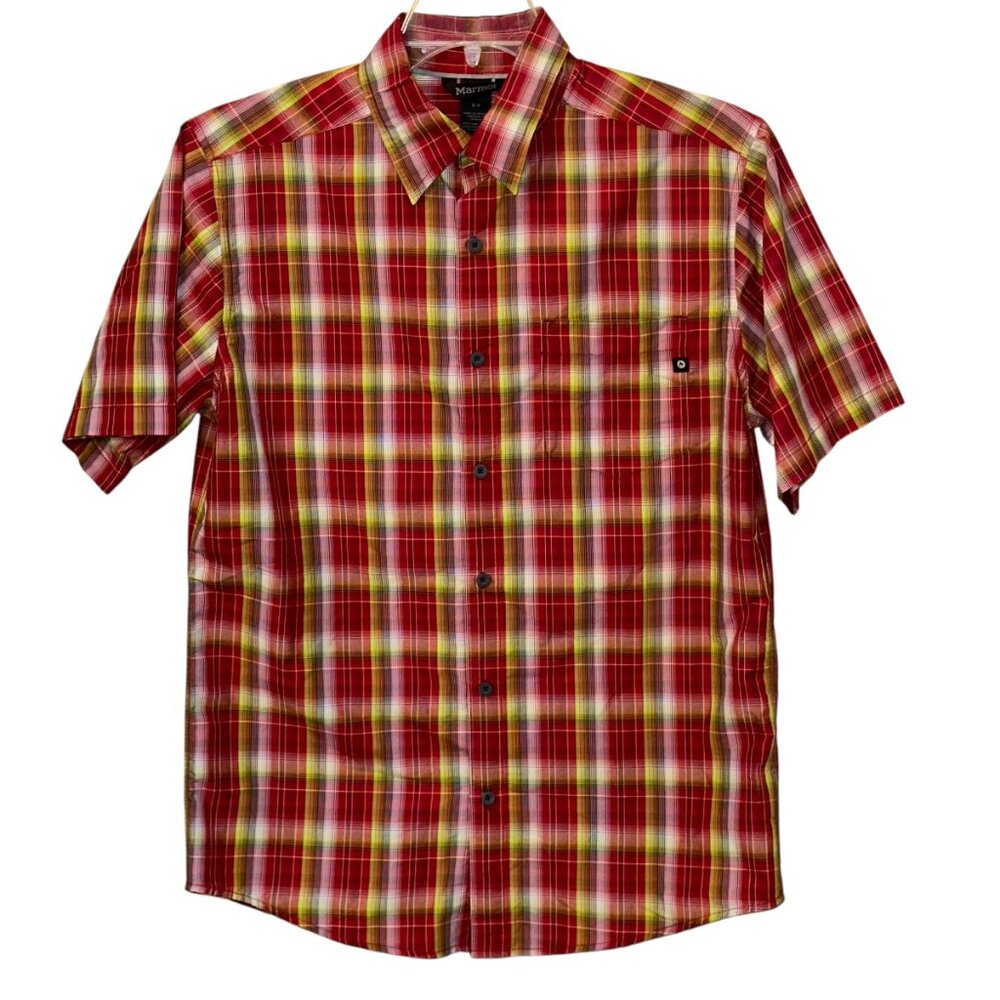 Men's Marmot Red Plaid Short Sleeve Button‎ Down Shirt Small Outdoor Hiking